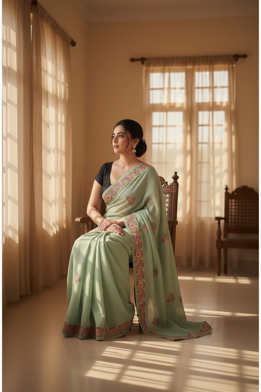 Women's Sarees with Kashmiri Aari Embroidery | Crepe Saree with Unstitched Blouse Pieces. -  Light Green
