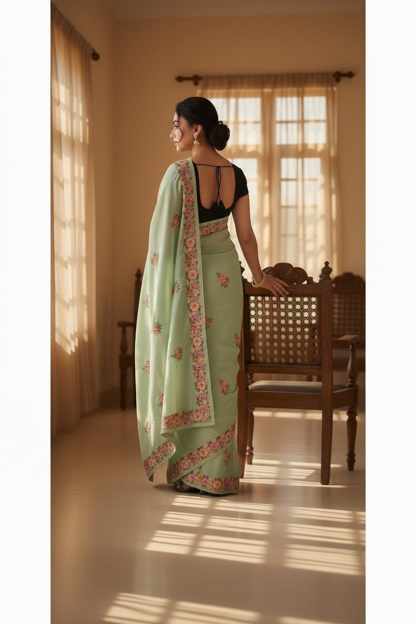 Women's Sarees with Kashmiri Aari Embroidery | Crepe Saree with Unstitched Blouse Pieces. -  Light Green
