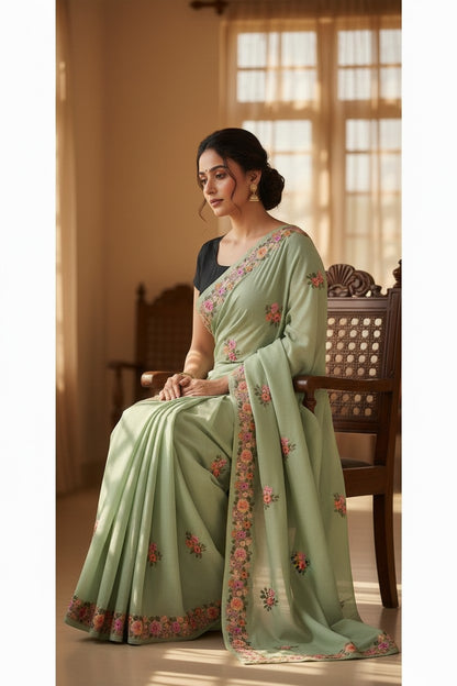 Women's Sarees with Kashmiri Aari Embroidery | Crepe Saree with Unstitched Blouse Pieces. -  Light Green