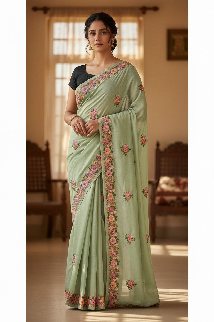 Women's Sarees with Kashmiri Aari Embroidery | Crepe Saree with Unstitched Blouse Pieces. -  Light Green