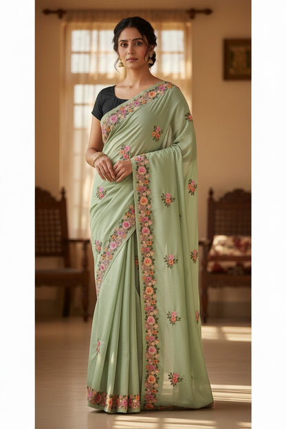 Women's Sarees with Kashmiri Aari Embroidery | Crepe Saree with Unstitched Blouse Pieces. -  Light Green