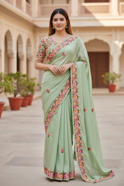 Women's Sarees with Kashmiri Aari Embroidery | Crepe Saree with Unstitched Blouse Pieces. -  Light Green