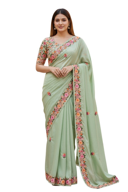 Women's Sarees with Kashmiri Aari Embroidery | Crepe Saree with Unstitched Blouse Pieces. -  Light Green