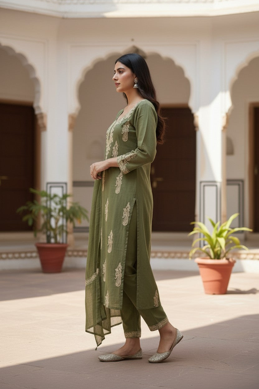 Women Cotton Suits with Kashmiri Embroidery Unstitched Dress Material Salwar Suits (Light Green)