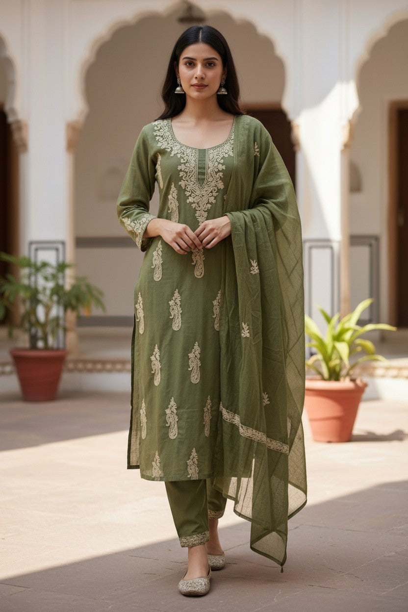 Women Cotton Suits with Kashmiri Embroidery Unstitched Dress Material Salwar Suits (Light Green)
