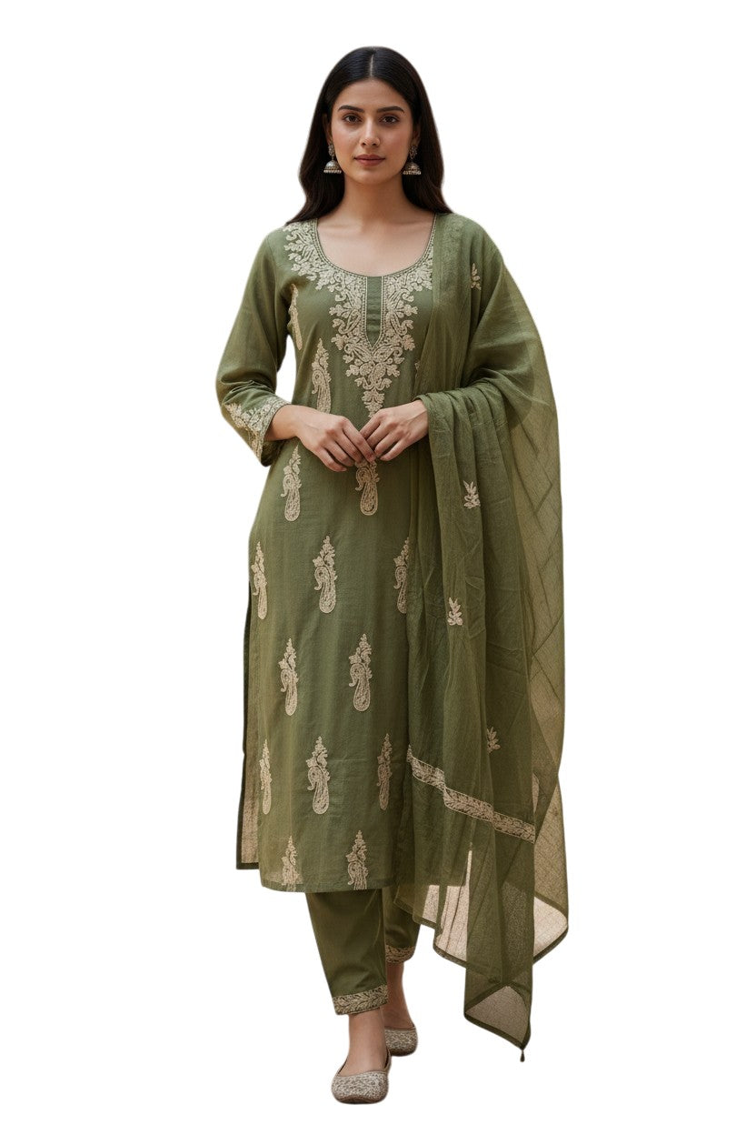 Women Cotton Suits with Kashmiri Embroidery Unstitched Dress Material Salwar Suits (Light Green)