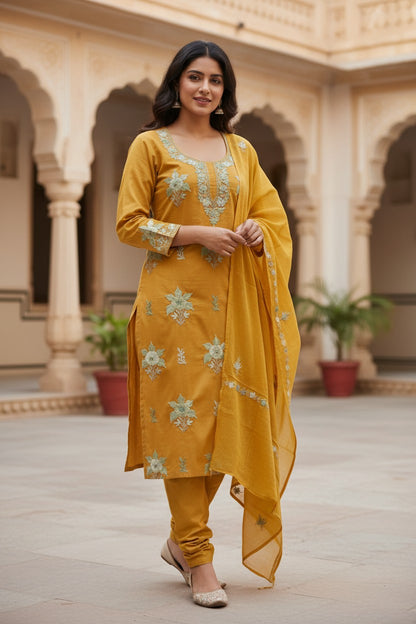 Women Cotton Suits with Kashmiri Embroidery Unstitched Dress Material Salwar Suits -Mustard (Copy)