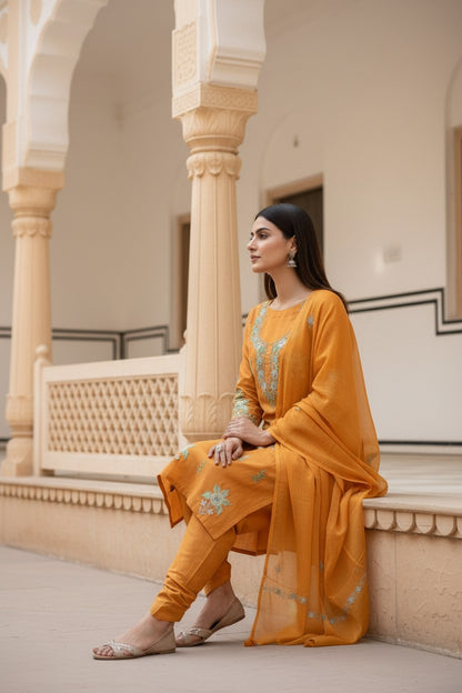 Women Cotton Suits with Kashmiri Embroidery Unstitched Dress Material Salwar Suits -Mustard (Copy)