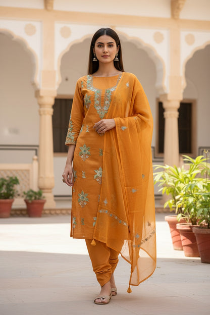 Women Cotton Suits with Kashmiri Embroidery Unstitched Dress Material Salwar Suits -Mustard (Copy)