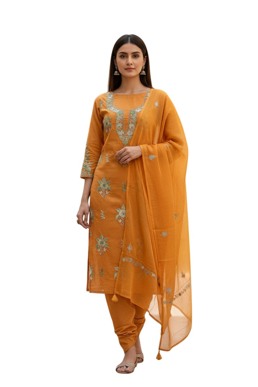 Women Cotton Suits with Kashmiri Embroidery Unstitched Dress Material Salwar Suits -Mustard (Copy)