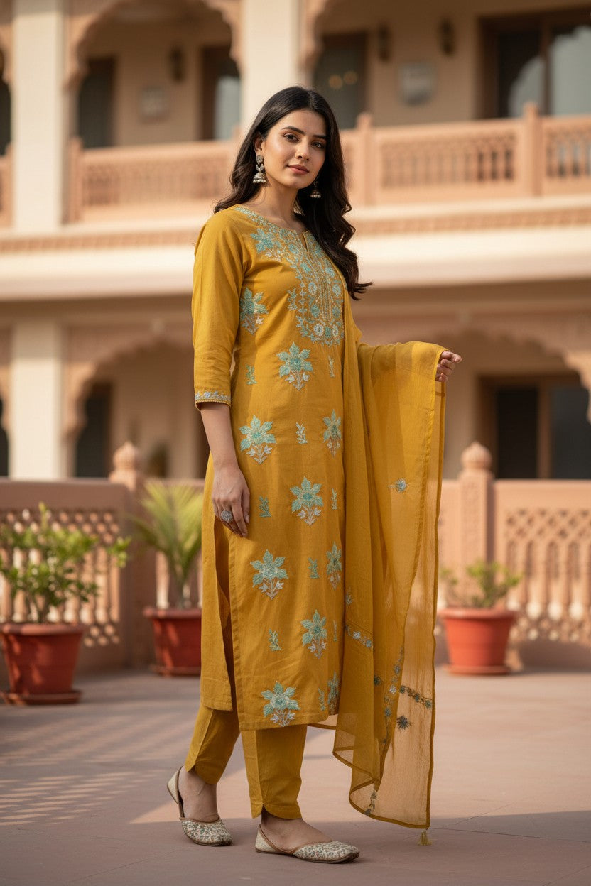 Women Cotton Suits with Kashmiri Embroidery Unstitched Dress Material Salwar Suits -Mustard (Copy)
