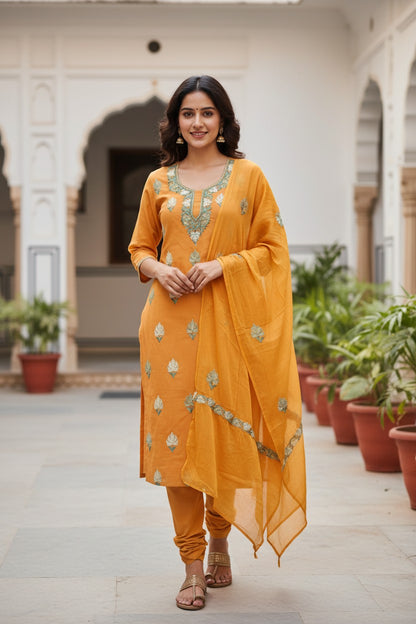 Women Cotton Suits with Kashmiri Embroidery Unstitched Dress Material Salwar Suits -Mustard