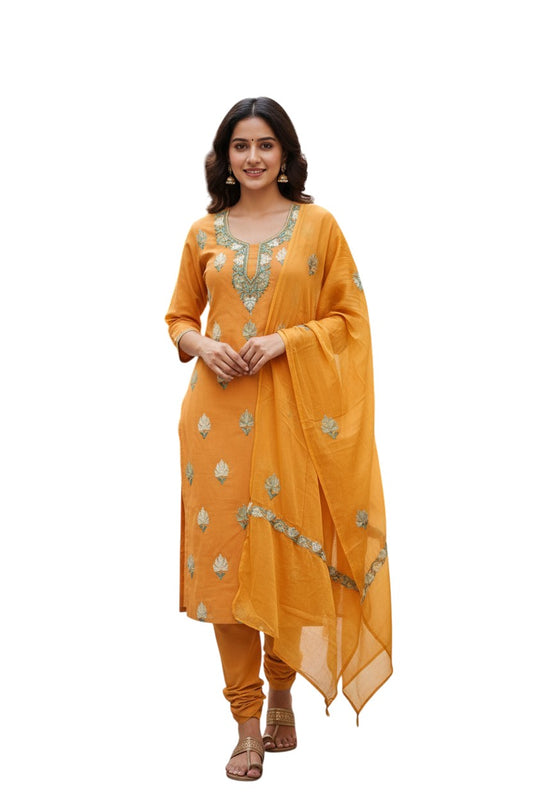 Women Cotton Suits with Kashmiri Embroidery Unstitched Dress Material Salwar Suits -Mustard