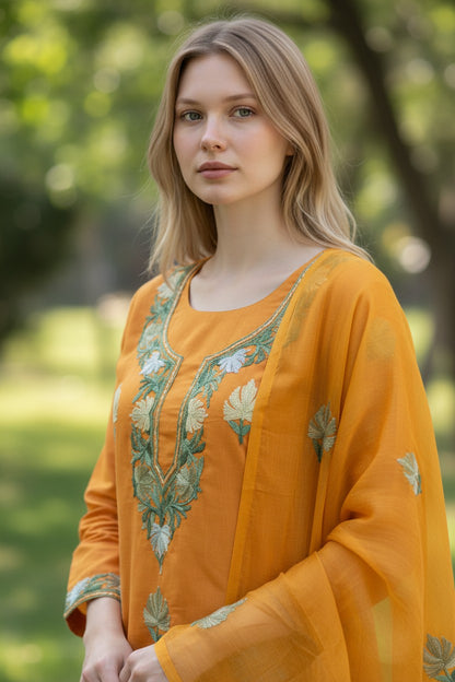 Women Cotton Suits with Kashmiri Embroidery Unstitched Dress Material Salwar Suits -Mustard