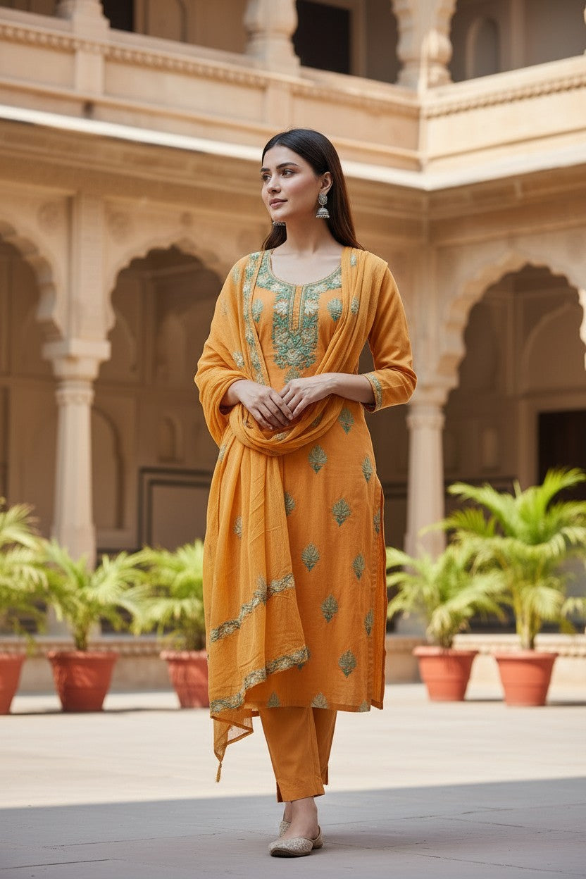 Women Cotton Suits with Kashmiri Embroidery Unstitched Dress Material Salwar Suits -Mustard