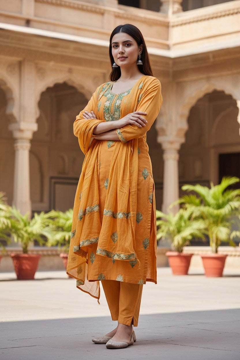 Women Cotton Suits with Kashmiri Embroidery Unstitched Dress Material Salwar Suits -Mustard