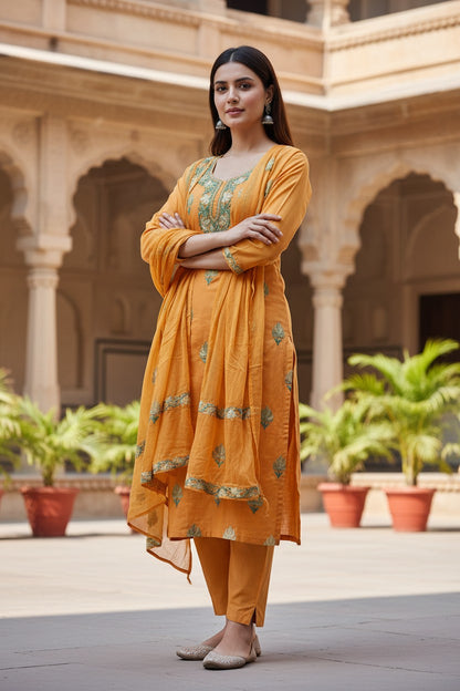Women Cotton Suits with Kashmiri Embroidery Unstitched Dress Material Salwar Suits -Mustard