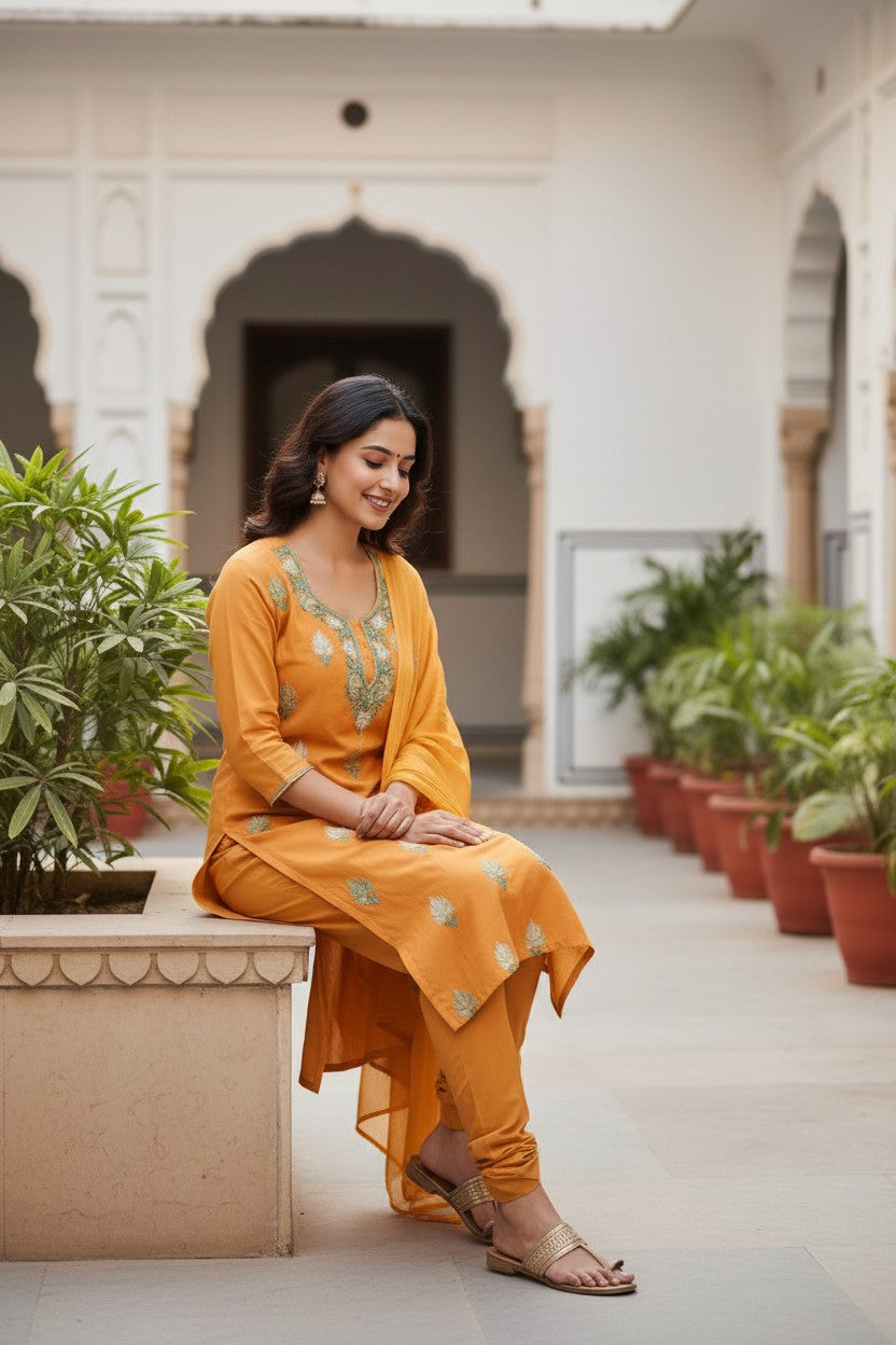 Women Cotton Suits with Kashmiri Embroidery Unstitched Dress Material Salwar Suits -Mustard