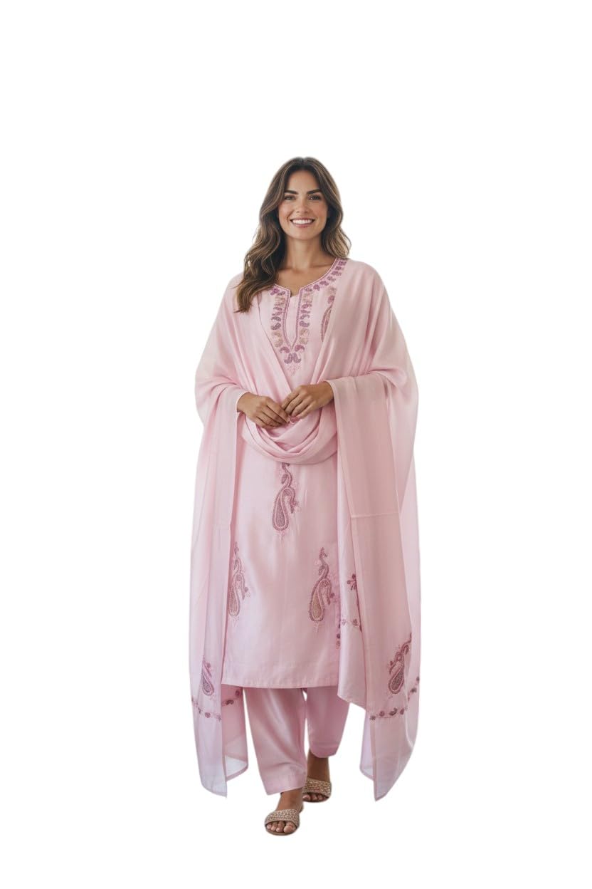 Women Silk Suits with Kashmiri Embroidery Unstitched Dress Material Salwar Suits -pink