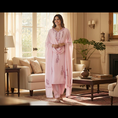 Women Silk Suits with Kashmiri Embroidery Unstitched Dress Material Salwar Suits -pink