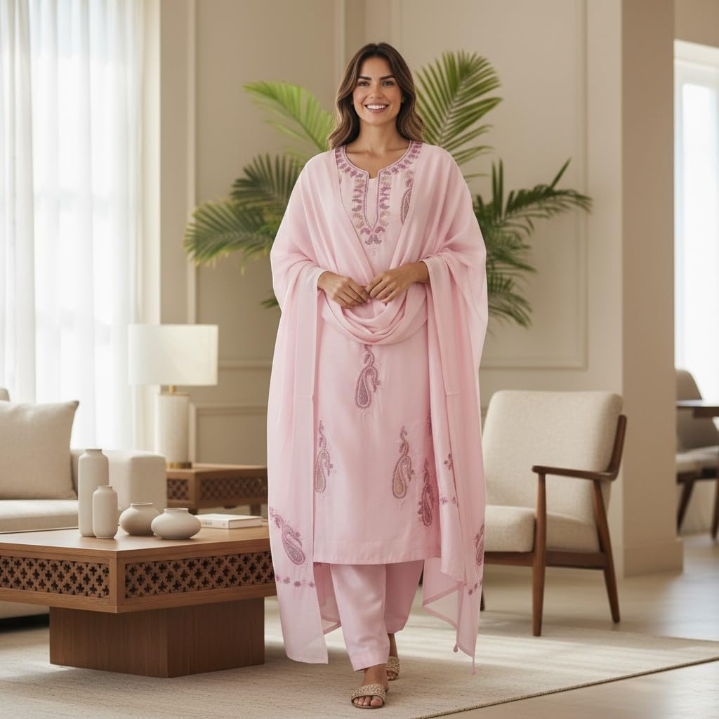 Women Silk Suits with Kashmiri Embroidery Unstitched Dress Material Salwar Suits -pink
