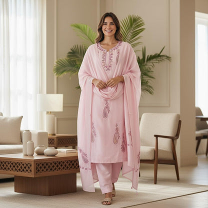 Women Silk Suits with Kashmiri Embroidery Unstitched Dress Material Salwar Suits -pink