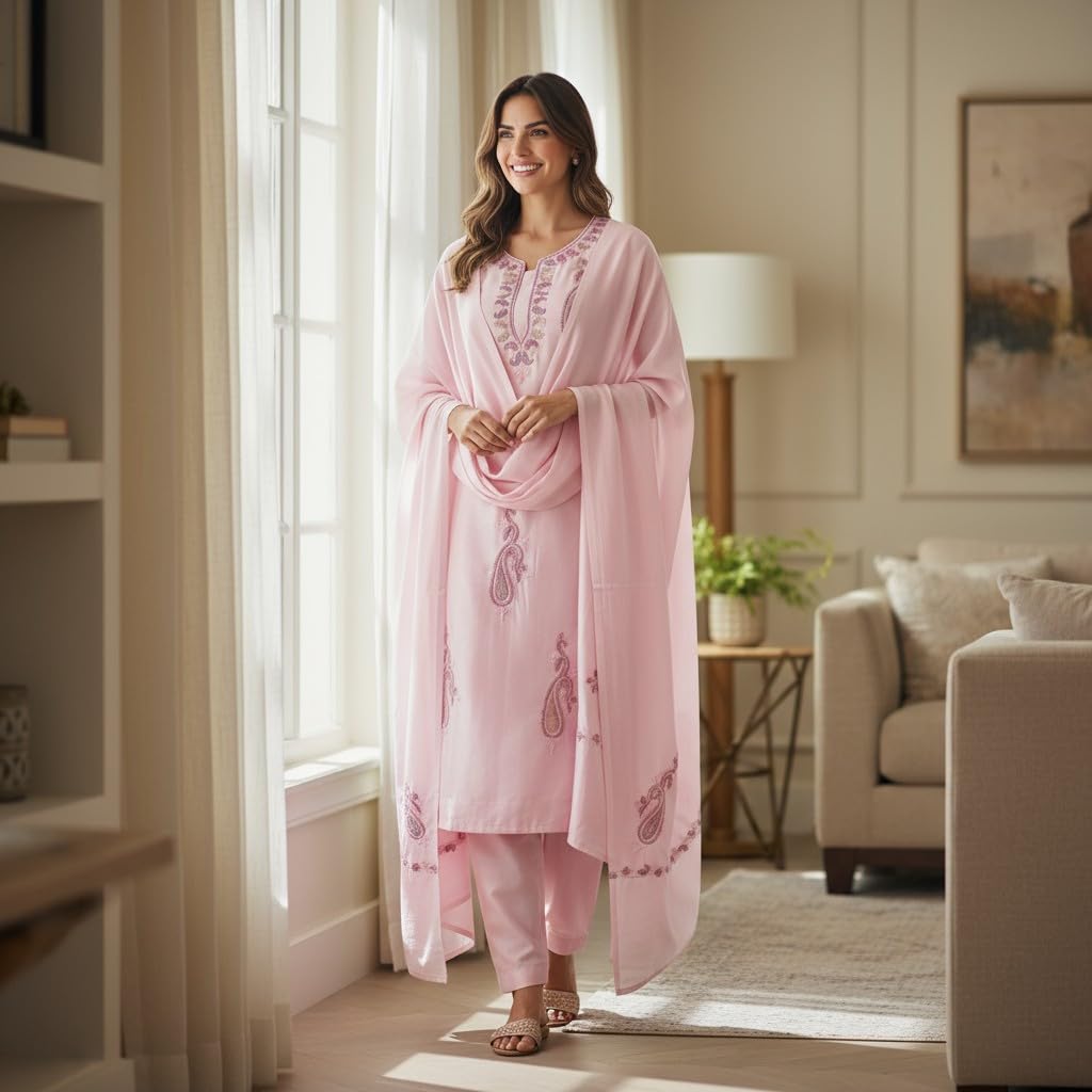 Women Silk Suits with Kashmiri Embroidery Unstitched Dress Material Salwar Suits -pink