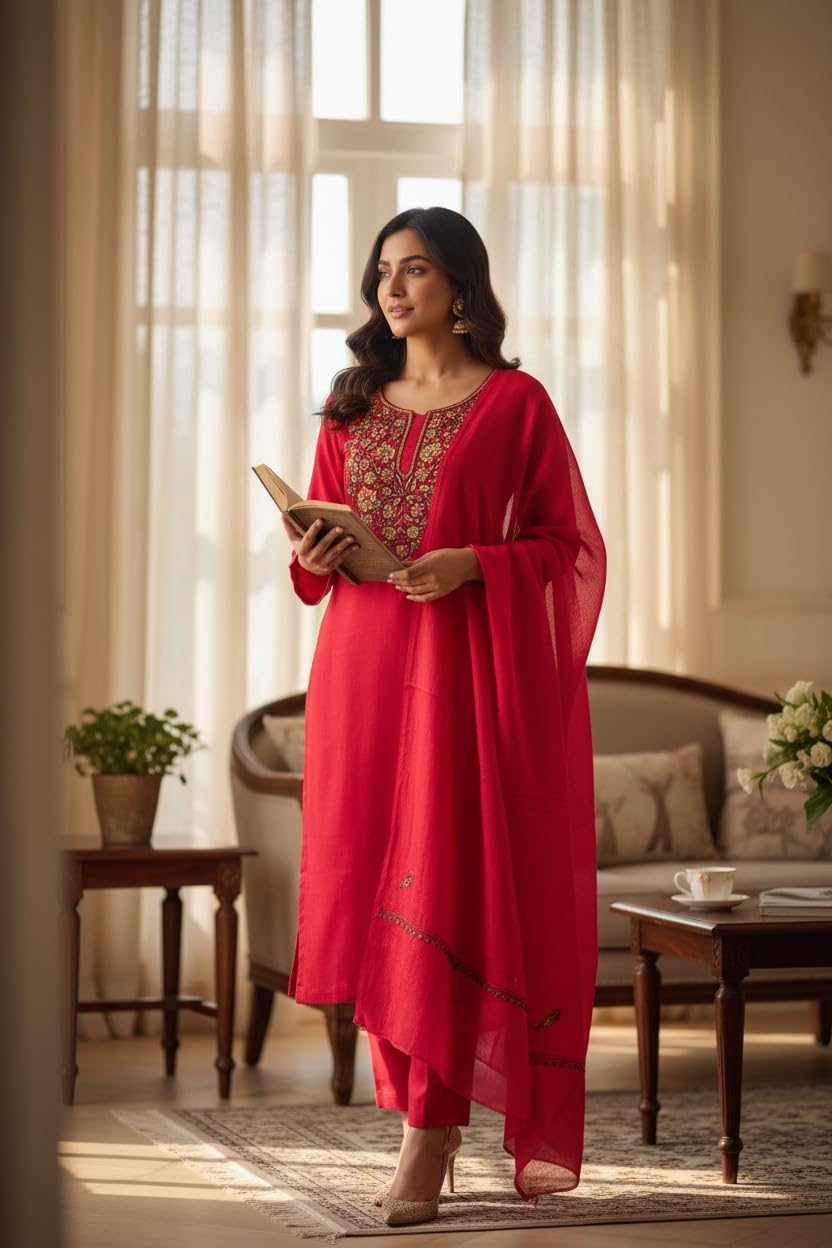 Women Silk Suits with Kashmiri Embroidery Three Piece Suit- Red
