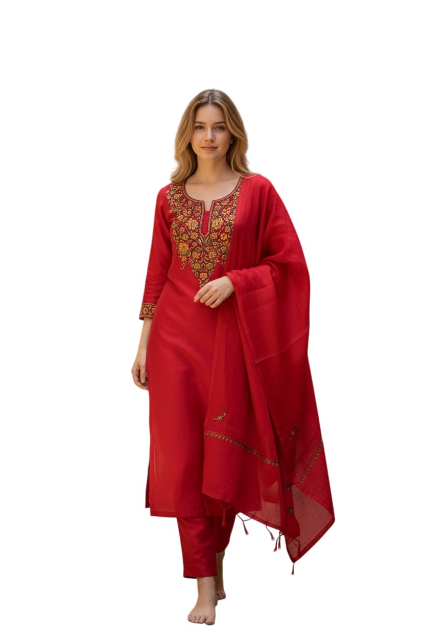 Women Silk Suits with Kashmiri Embroidery Three Piece Suit- Red