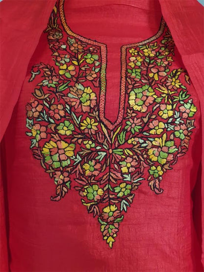 Women Silk Suits with Kashmiri Embroidery Three Piece Suit- Red