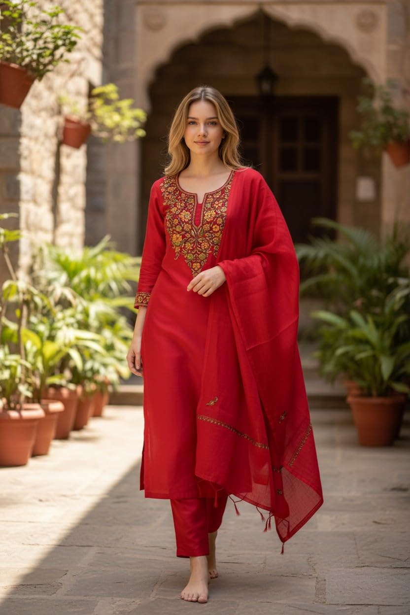 Women Silk Suits with Kashmiri Embroidery Three Piece Suit- Red