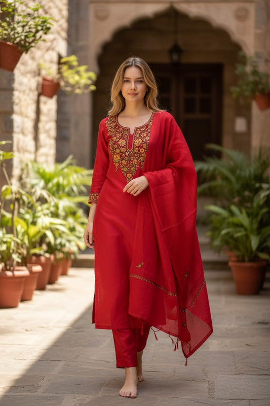 Women Silk Suits with Kashmiri Embroidery Three Piece Suit- Red