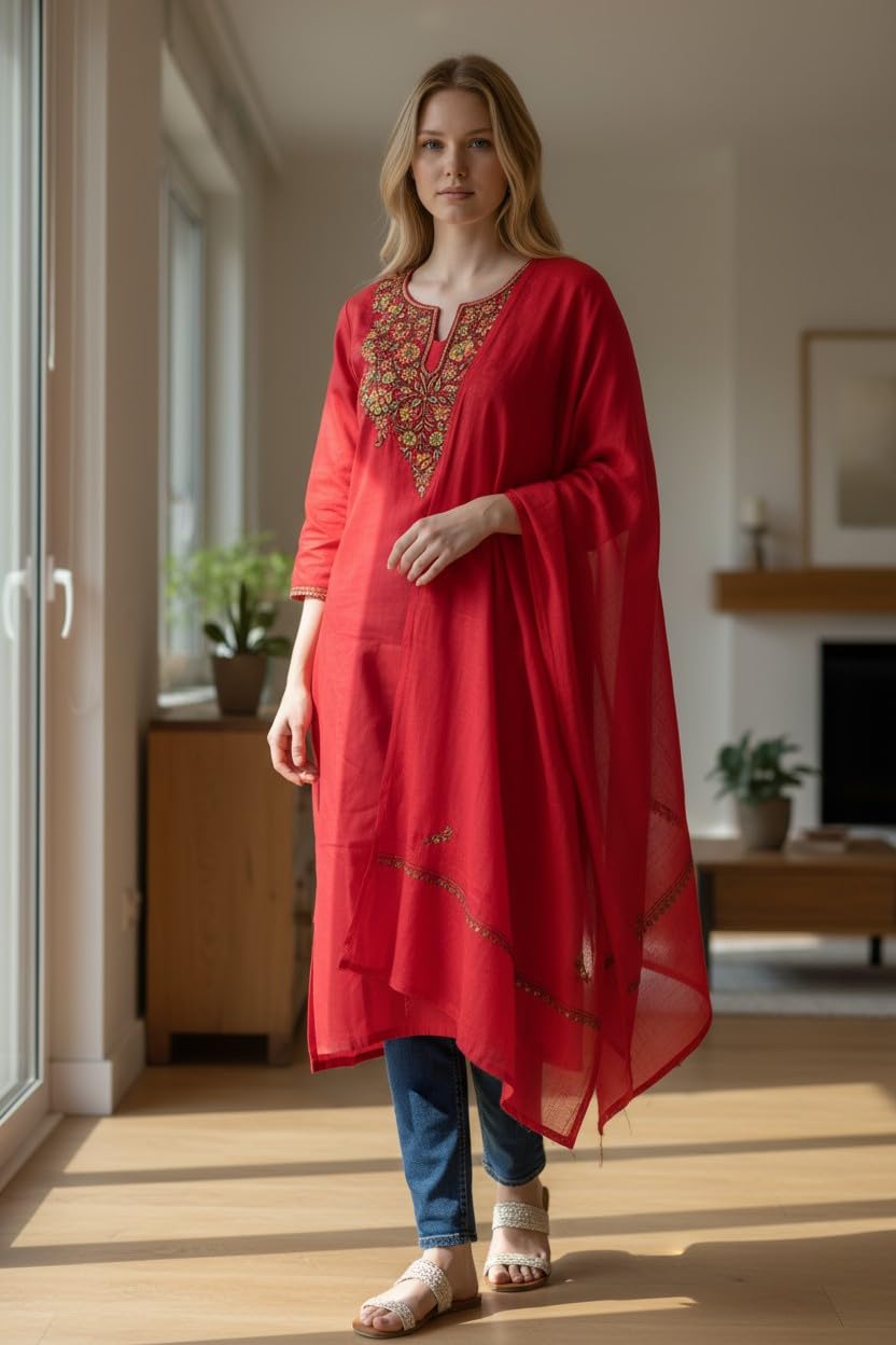 Women Silk Suits with Kashmiri Embroidery Three Piece Suit- Red