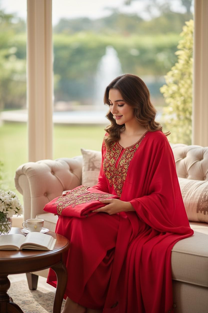 Women Silk Suits with Kashmiri Embroidery Three Piece Suit- Red