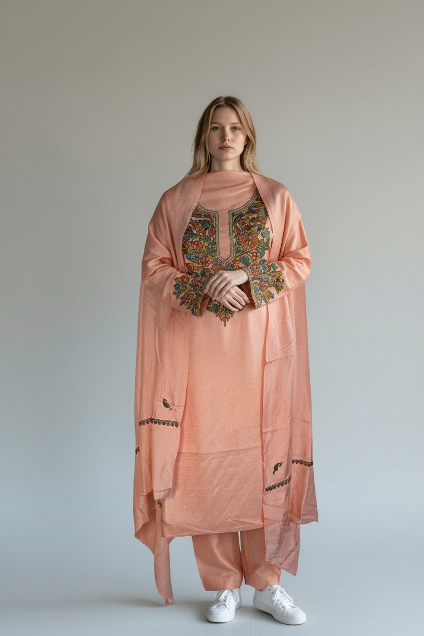 Women Silk Suits with Kashmiri Embroidery Three Piece Suit-Baby pink