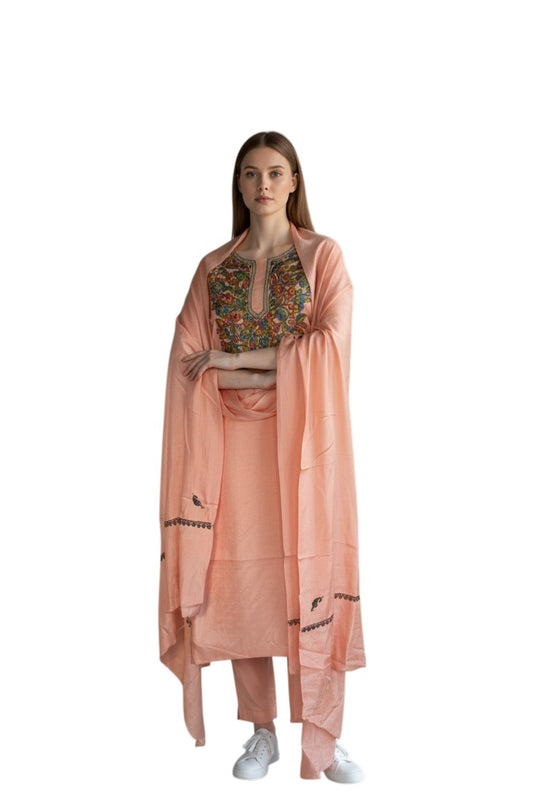 Women Silk Suits with Kashmiri Embroidery Three Piece Suit-Baby pink