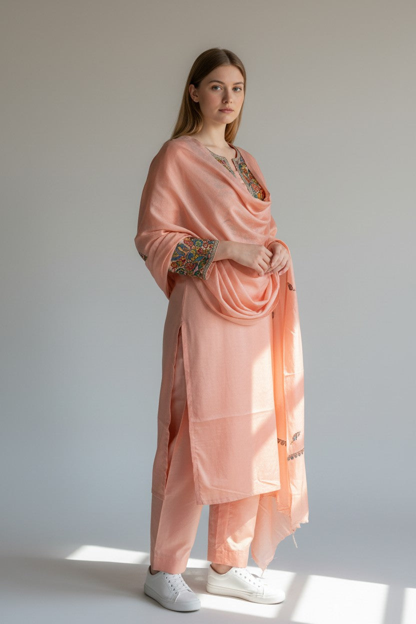 Women Silk Suits with Kashmiri Embroidery Three Piece Suit-Baby pink