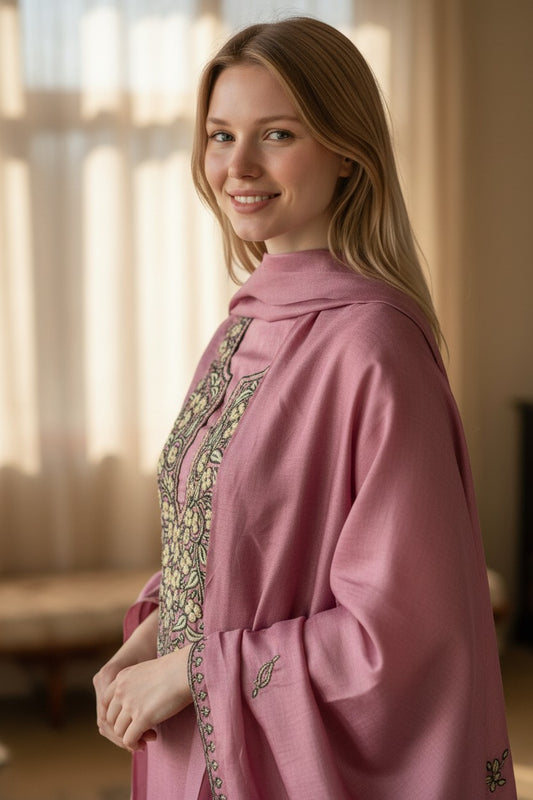 Women Silk Suits with Kashmiri Embroidery Three Piece Suit - Pink2