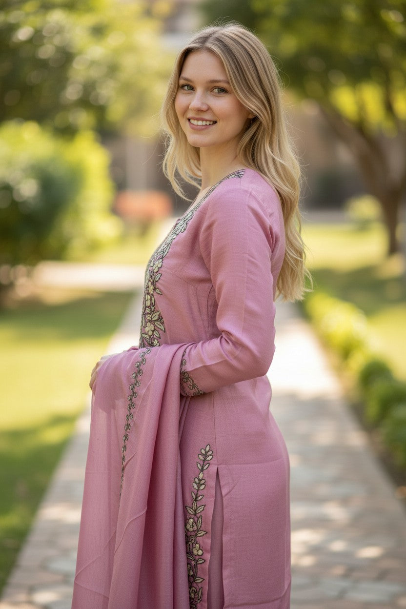Women Silk Suits with Kashmiri Embroidery Three Piece Suit - Pink2