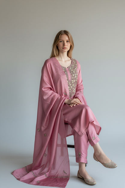 Women Silk Suits with Kashmiri Embroidery Three Piece Suit - Pink2
