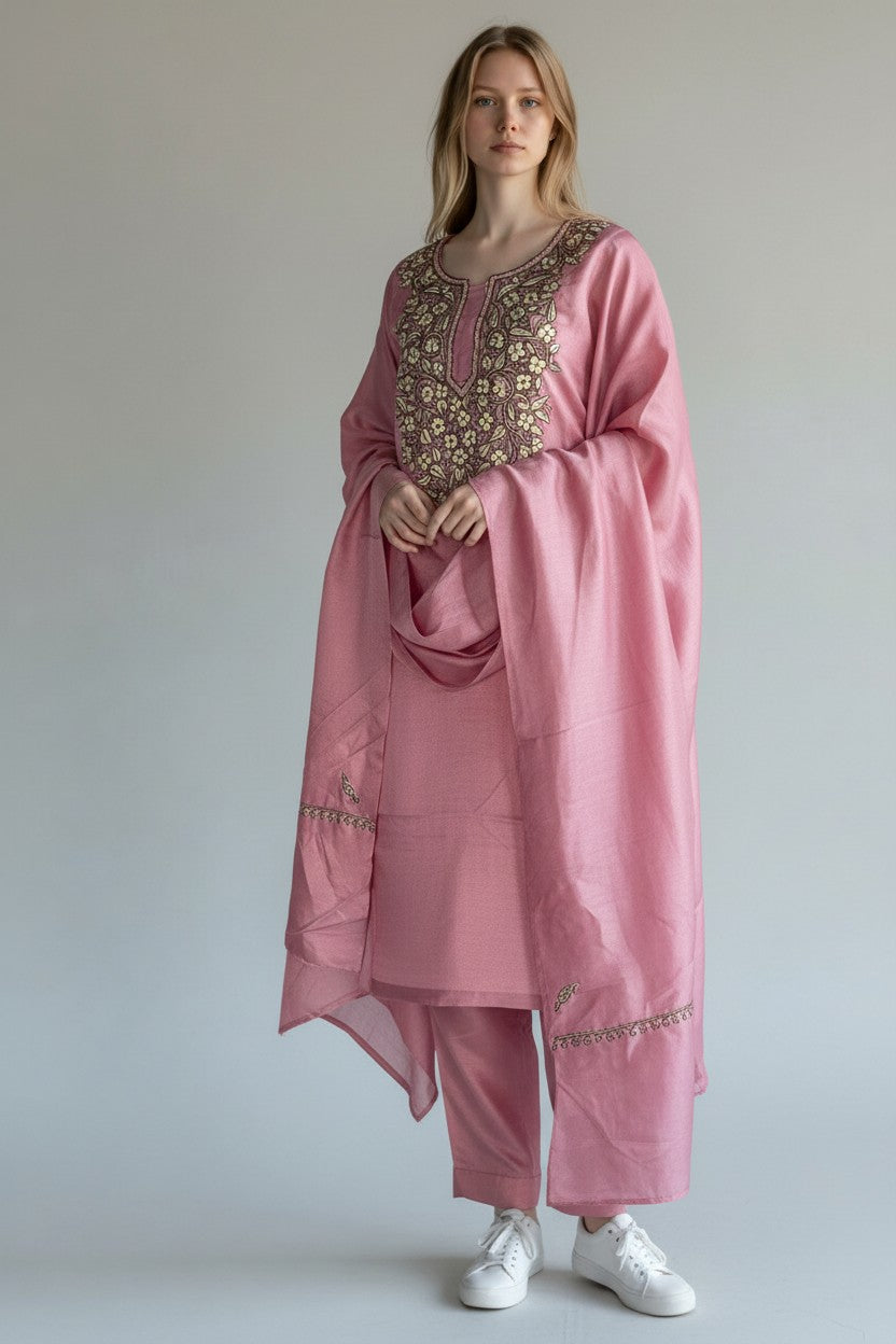 Women Silk Suits with Kashmiri Embroidery Three Piece Suit - Pink2