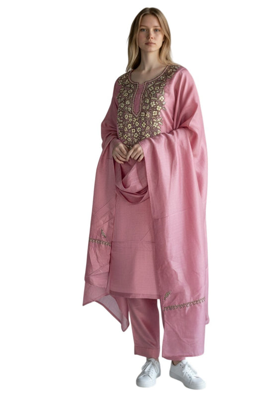 Women Silk Suits with Kashmiri Embroidery Three Piece Suit - Pink2