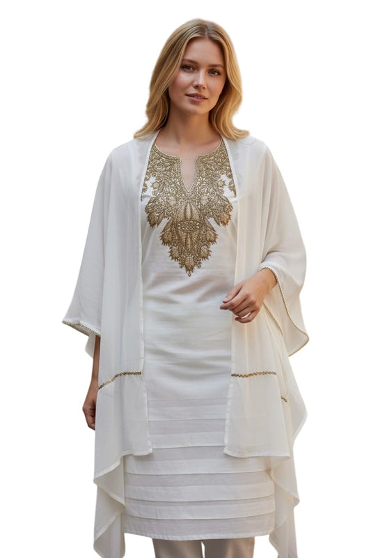 Women Silk Suits with Kashmiri Embroidery Unstitched Dress Material Salwar Suits - White