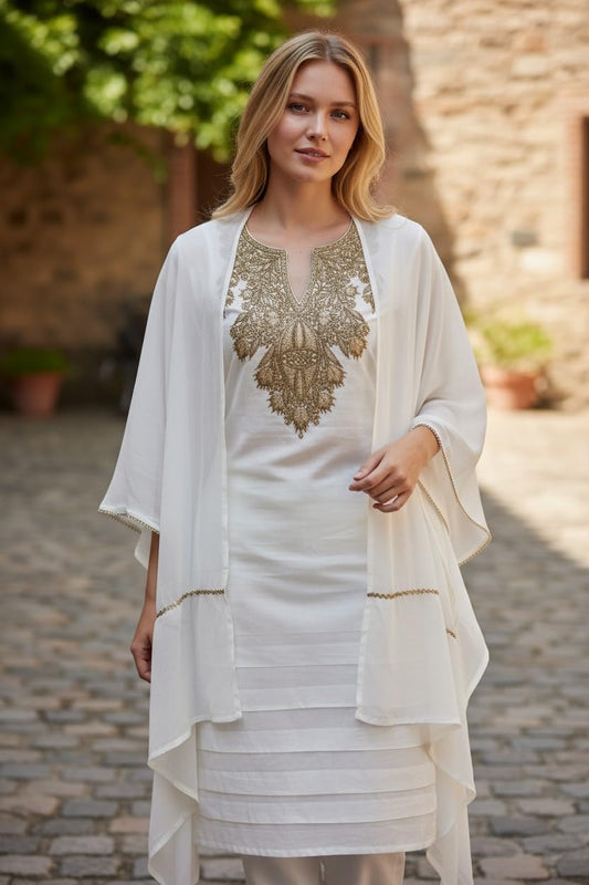 Women Silk Suits with Kashmiri Embroidery Unstitched Dress Material Salwar Suits - White