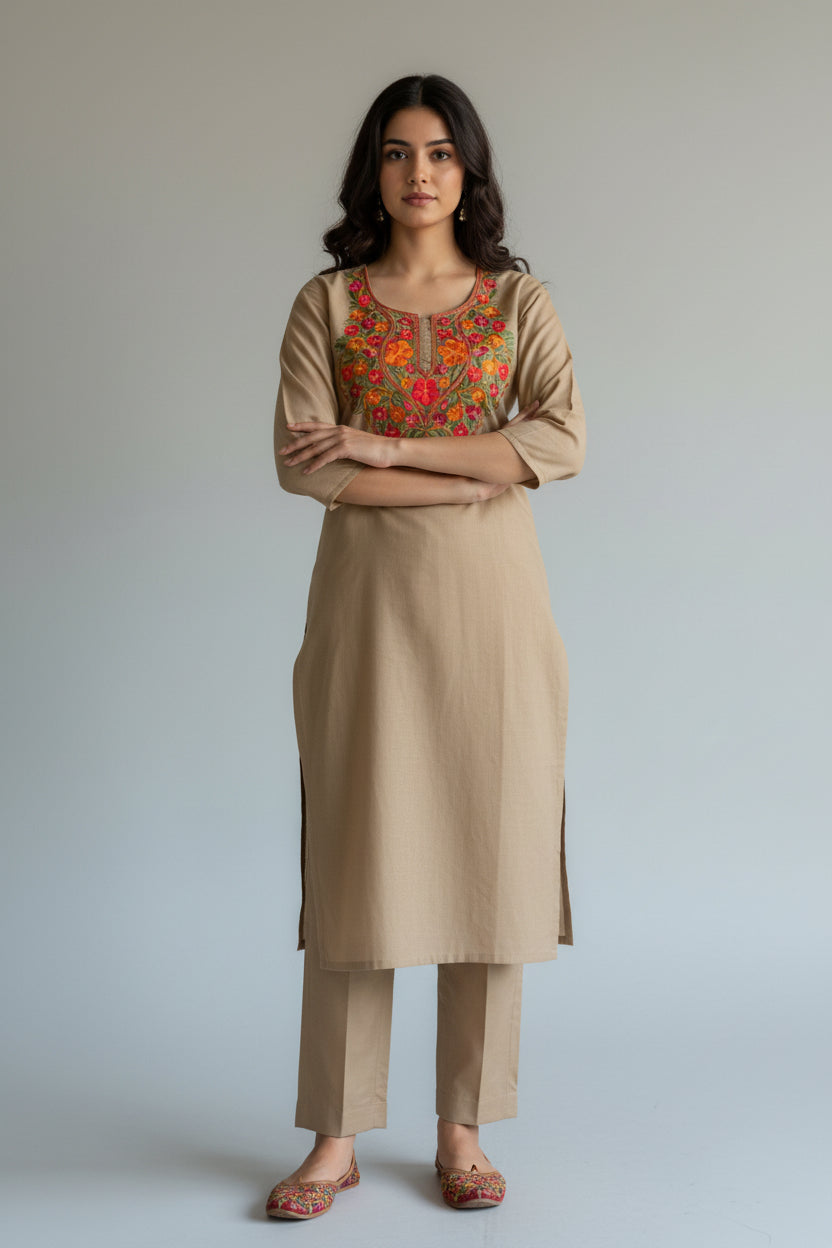 Women Cotton Suits with Kashmiri Hand Embroidery Two Piece Suit - Grey