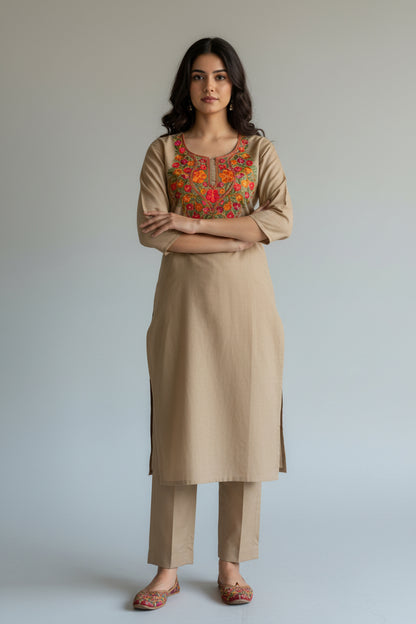 Women Cotton Suits with Kashmiri Hand Embroidery Two Piece Suit - Grey