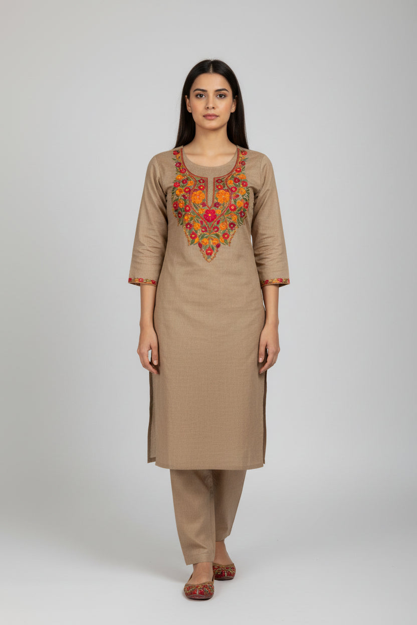 Women Cotton Suits with Kashmiri Hand Embroidery Two Piece Suit - Grey