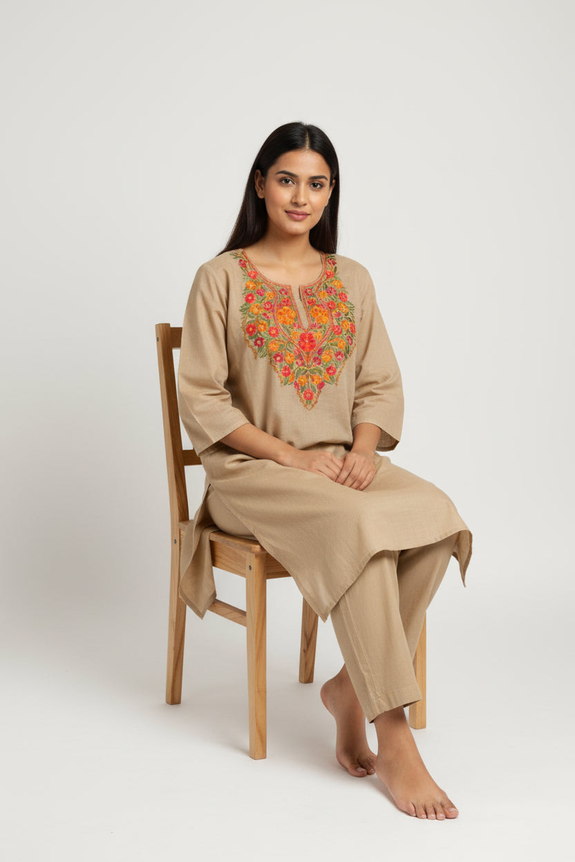 Women Cotton Suits with Kashmiri Hand Embroidery Two Piece Suit - Grey