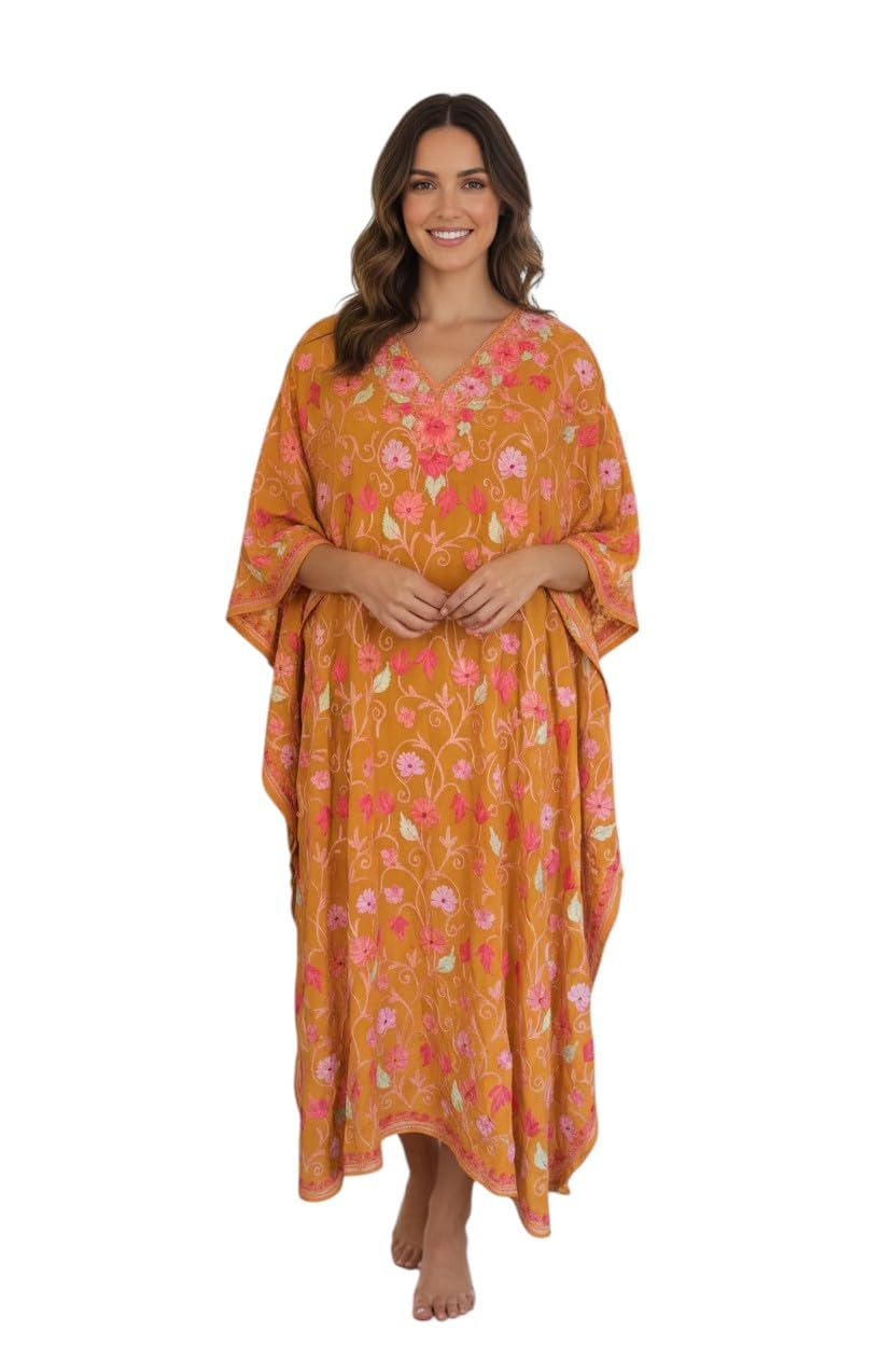Kashmiri Kaftan For Women Nightgown Maxi Crepe Kaftan with Aari Embroidery Free Size- Mustard