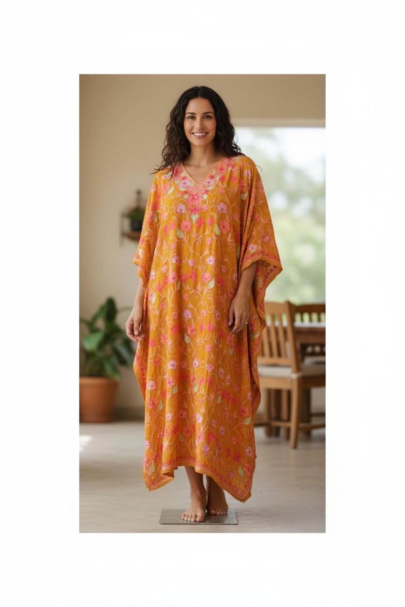 Kashmiri Kaftan For Women Nightgown Maxi Crepe Kaftan with Aari Embroidery Free Size- Mustard